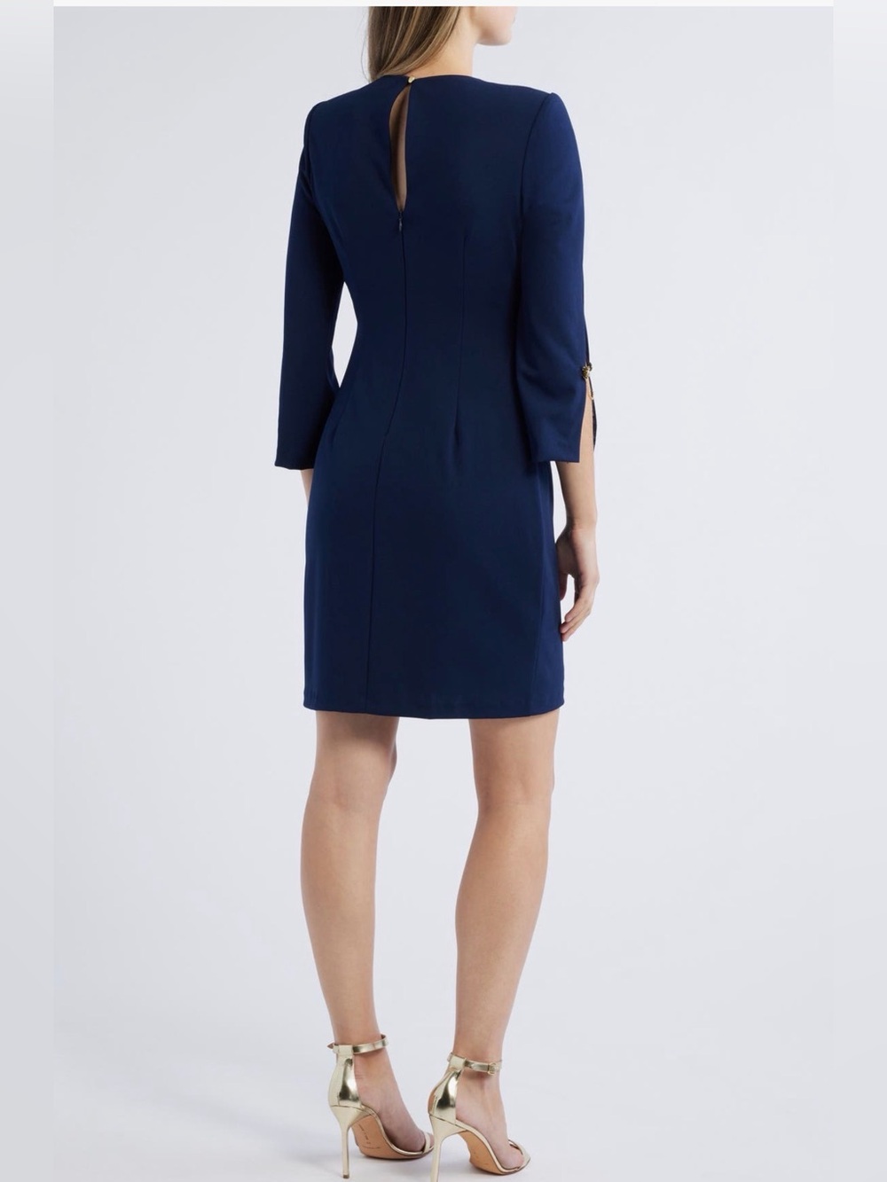 Vince Camuto | Women's Brooch Detail Long Sleeve Crepe Mini Dress Slit - Picture 2 of 15